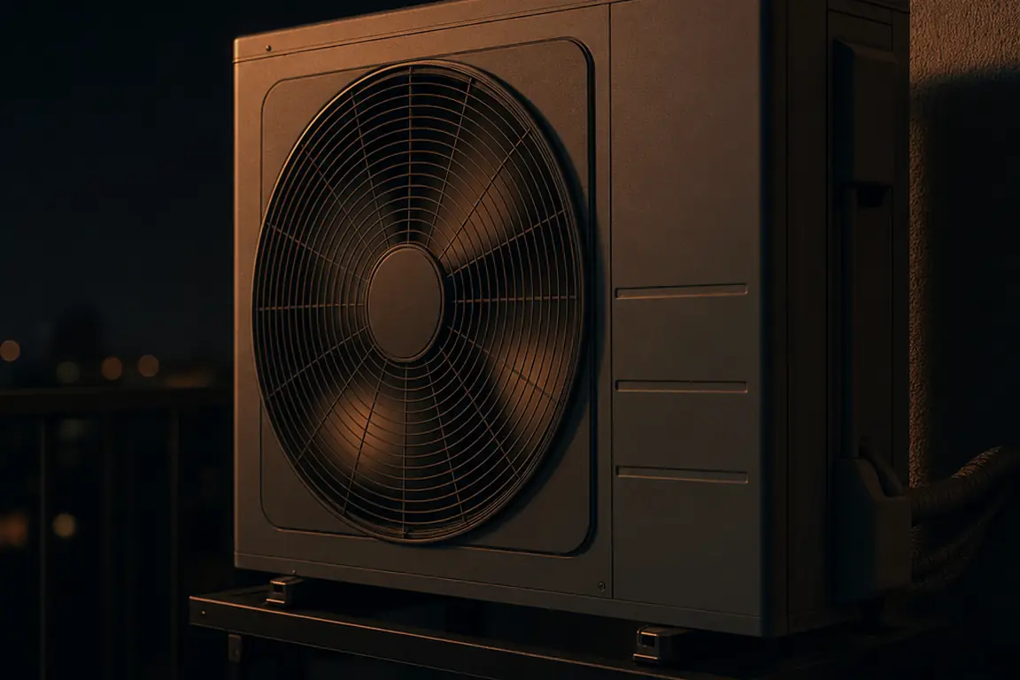 Air conditioning outdoor condenser unit at night